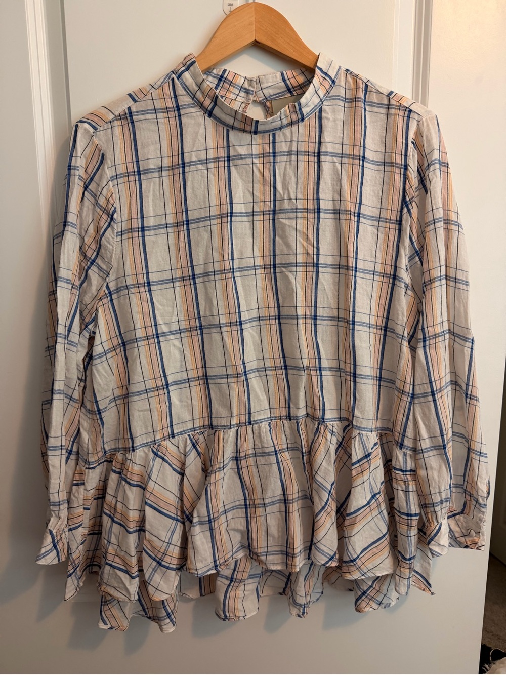 Maeve Blue & Cream Plaid Peplum Ruffle Long-Sleeve Top